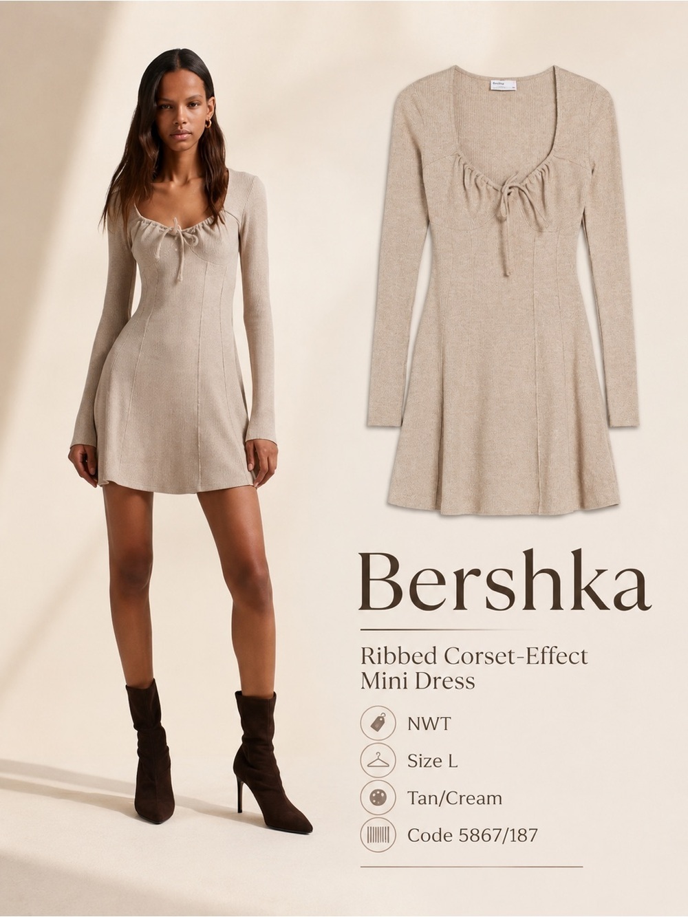 Bershka Tan Ribbed Corset-Effect Tie Front Long Sleeve Mini Dress Size L NWT